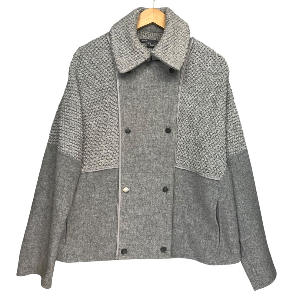 Vince Women's Gray Boucle Blocked Wool Coat Jacket Medium